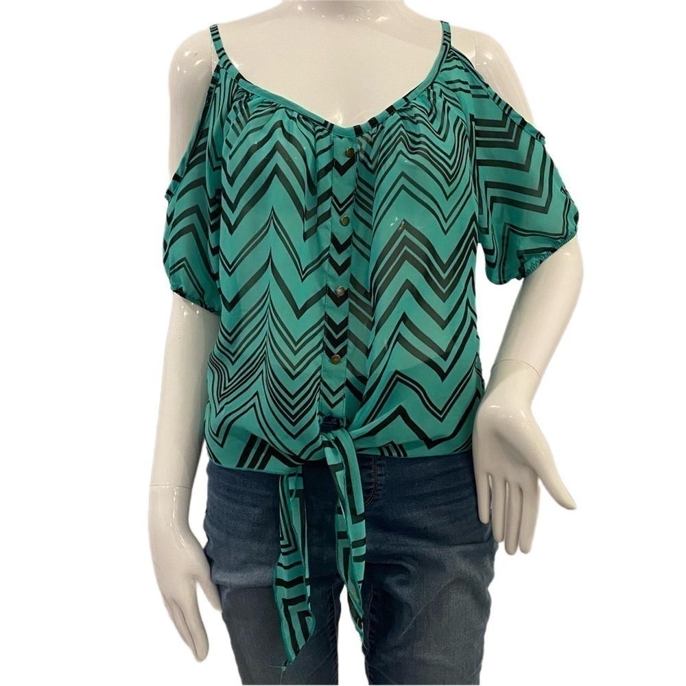 l8ter Green Black Chevron Cold Shoulder Tie-Hem Button-Up Blouse Size Large